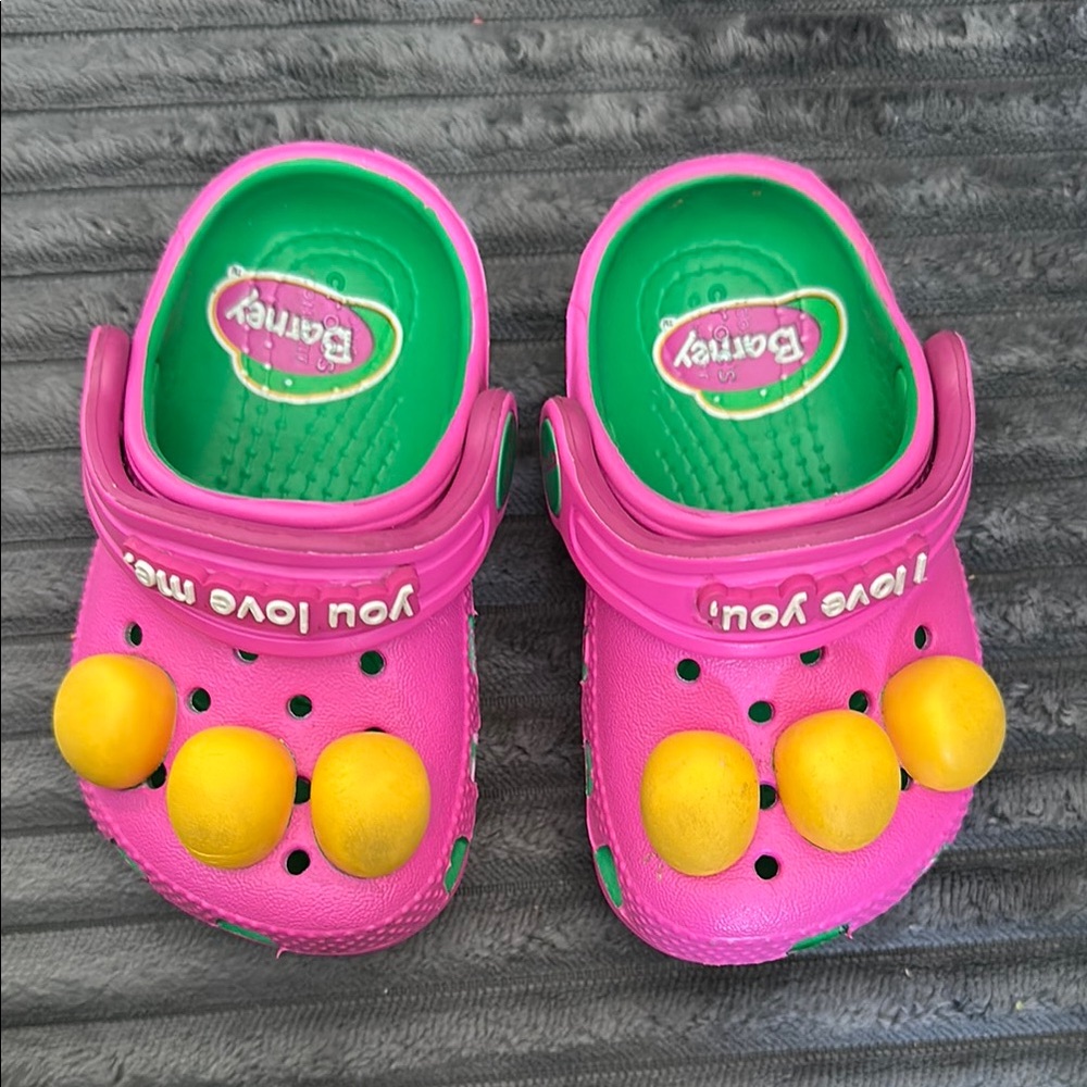 Barney Pink Green and Yellow Croc Sandals Vibrant Design